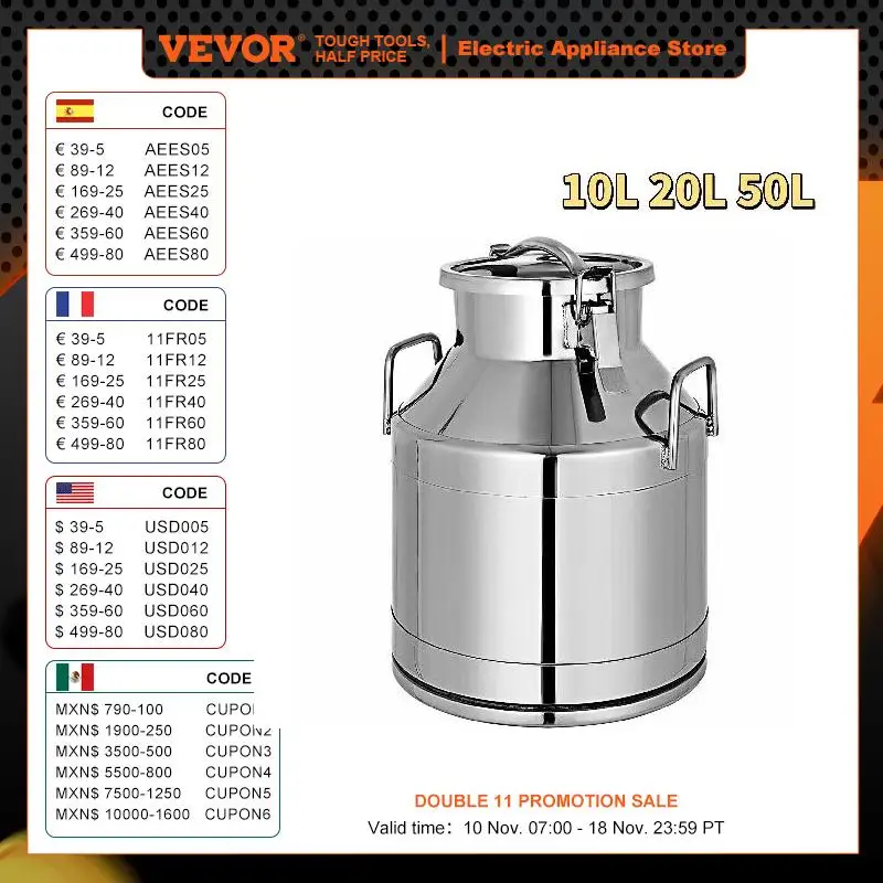 Vevor 10L 20L 50L Milk Jug Pail Can SStainless Steel Cow Milk Bucket for Oil Wine Water Soup and Oatmeal Storage Transportation