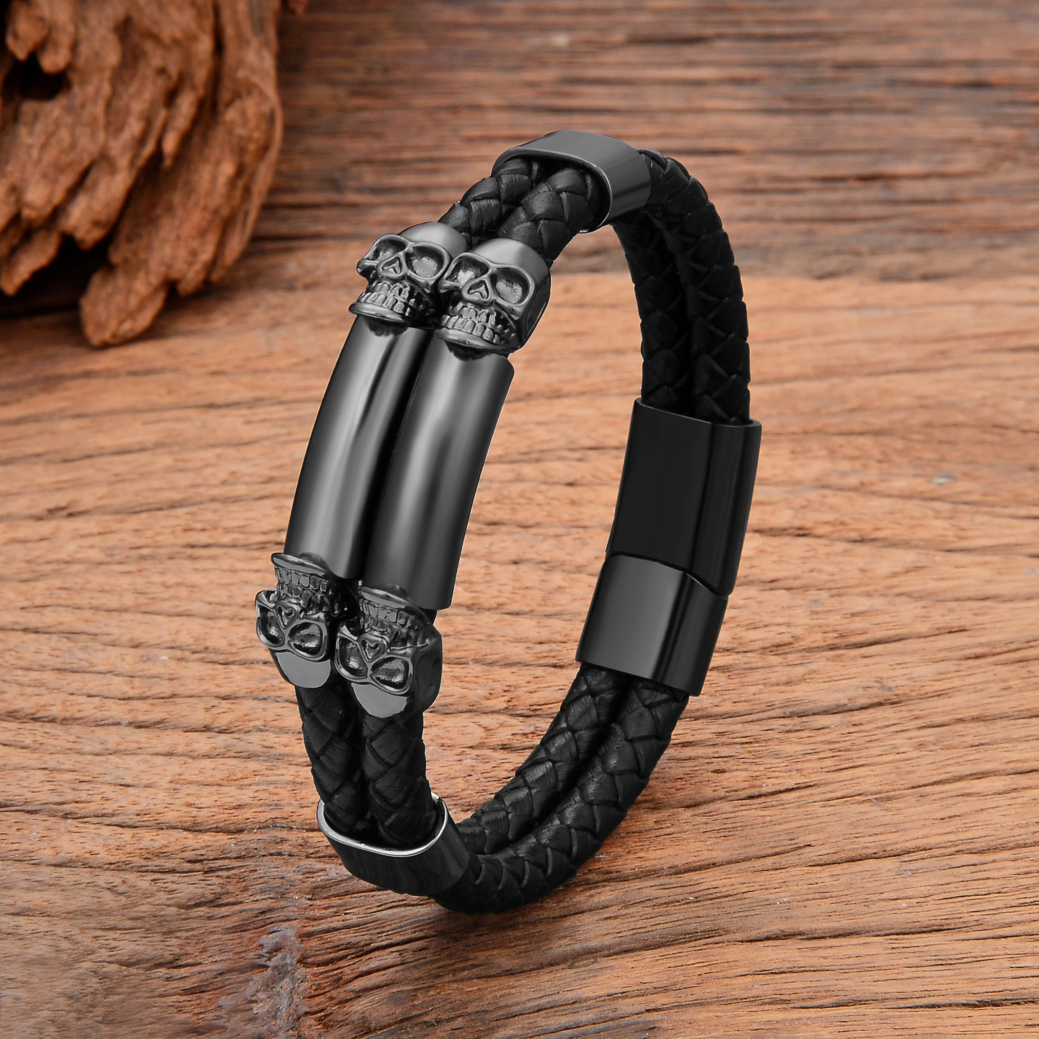 VA JENT Men's Skull Bracelet - Black Braided Leather Cuff With Stainless Steel - View #9