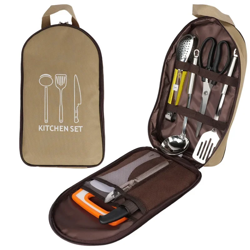 Portable Outdoor Camping Kitchen Set 201 Stainless Steel Picnic Supplies Handbag Storage Bag Eight-Piece Cooking Utensils Set
