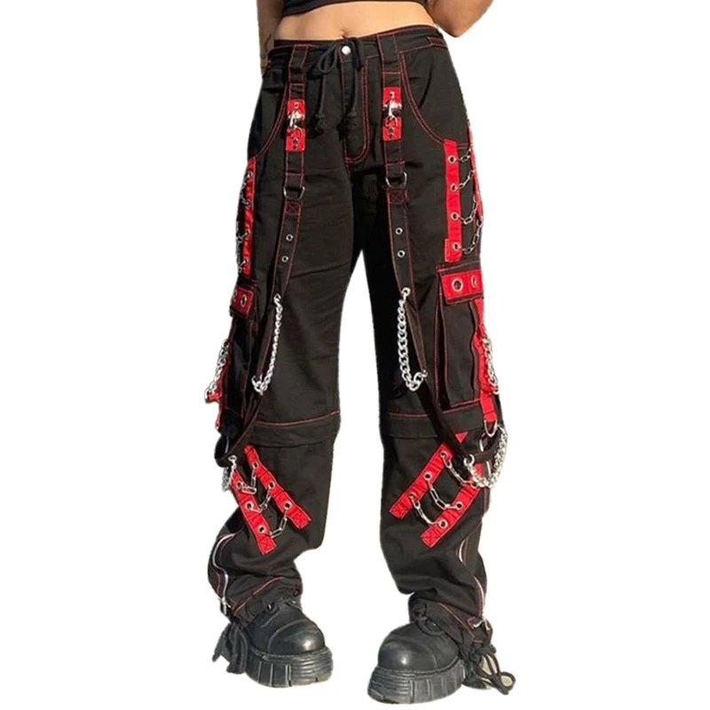 Women Dark Gothic Baggy Cargo Pants Harajuku Punk Colorblock