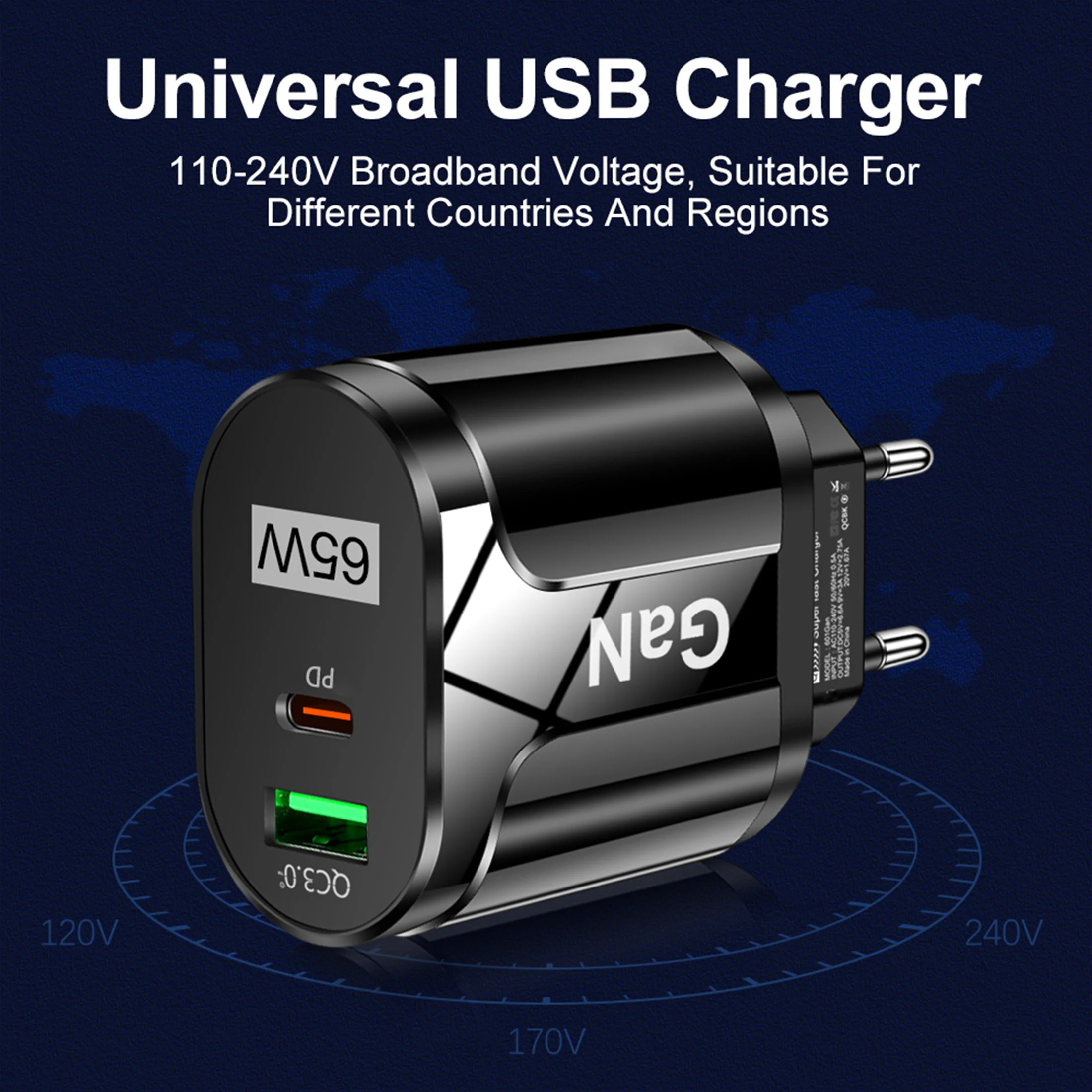 GaN 65W PD USB Type C Charger Mobile Phone Quick Charge Type C Wall Charger For iPhone Xiaomi Samsung Huawei EU/US Plug Charger