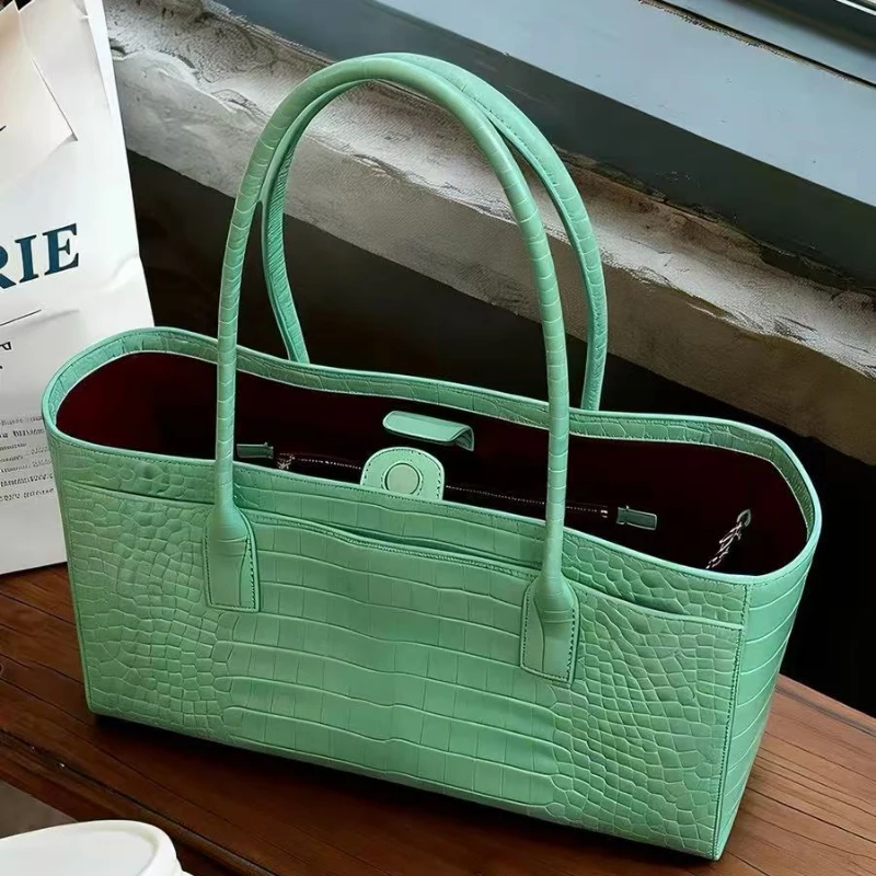 Luxury Crocodile Print Leather Bag, Vintage Green Large Capacity Handbag, Magnetic Buckle Clutch Casual Elegant Commuter Purse 2
