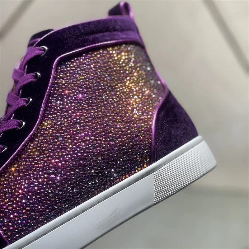 Luxury High Top Purple Diamond Crystal Red Bottoms Shoes For Men's Casual Flats Loafers Women Couple Wedding Rhinestone Sneakers 4