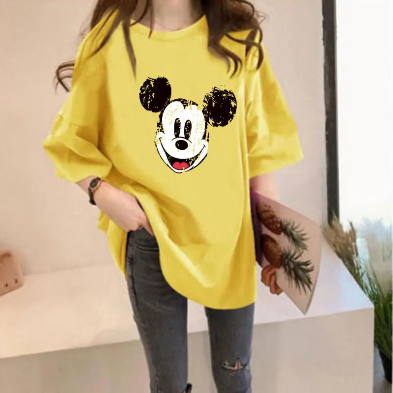 T-shirt Women's Plus Size Cartoon Mickey Mouse Print Short-Sleeved Summer Loose Solid Color T-Shirt Student Mid-Length Thin Top