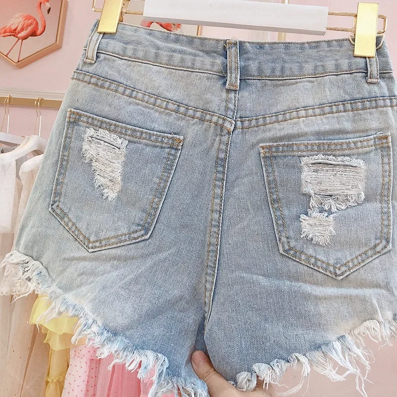 Club Distressed Ripped Korean Fashion Summer Sexy 2024 Women Denim Shorts Loose Casual High Waist Wide-legged Pearl Shorts Jeans