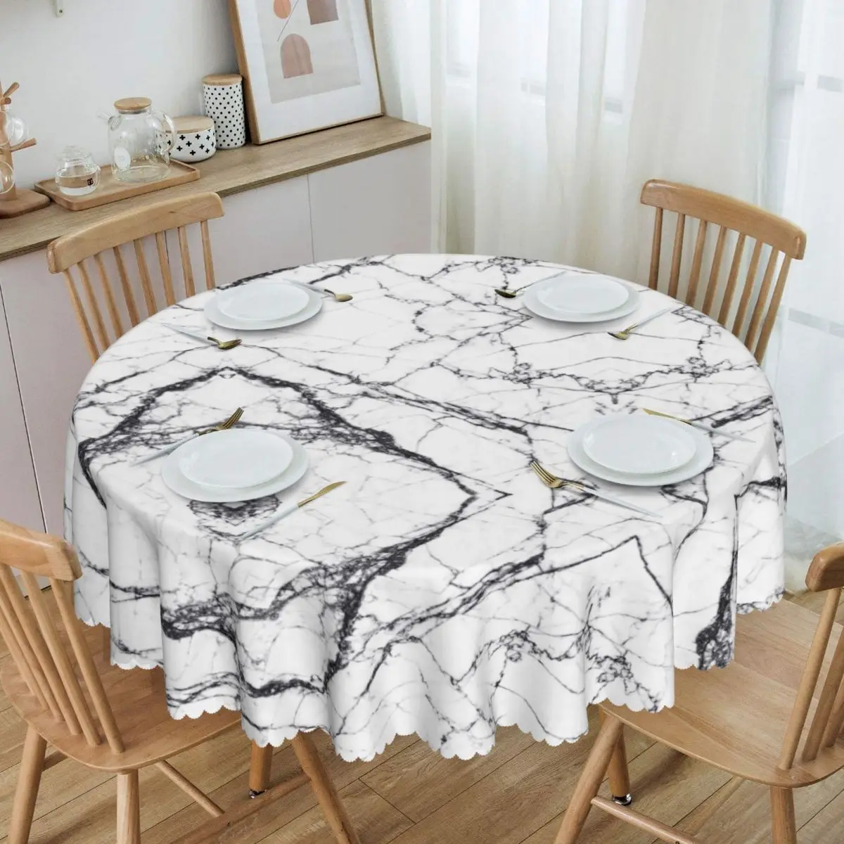 

Round Waterproof Black And White Marble Texture Table Cover Modern Geometric Graphic Tablecloth for Picnic 60 inches Table Cloth