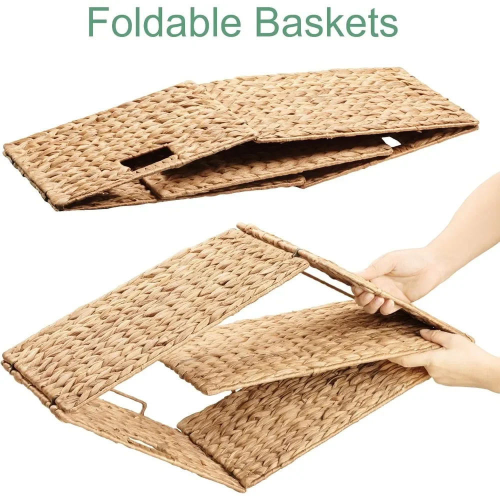 Extra Large Rectangular Water Hyacinth Wicker Storage Baskets with Iron Wire Frame, 16.1"x12.6"x9.5", Natural, Set of 4 5
