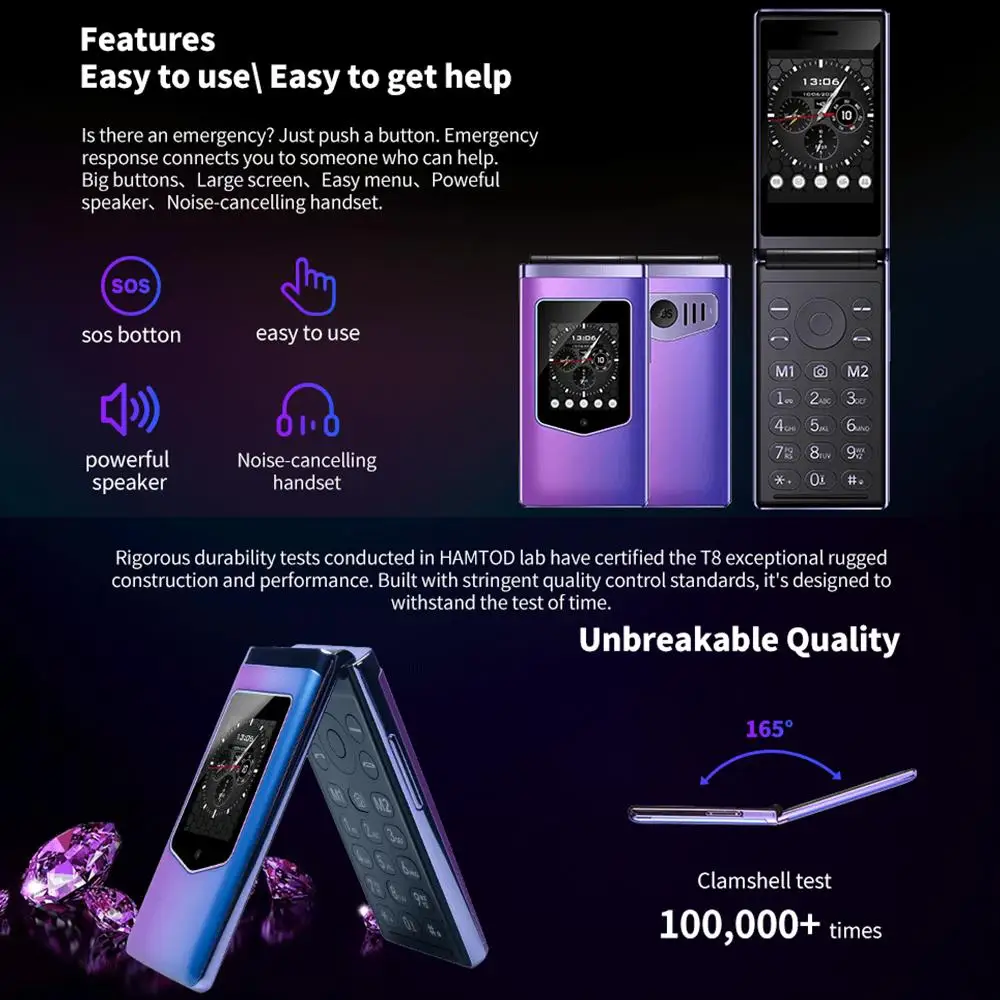 HAMTOD T8 4G Flip Phone 128MB ROM 48MB RAM 2.8 inch + 1.77 inch VoLTE BT SOS OTG 1500mAh Battery 0.3MP Camera Cellphone 5