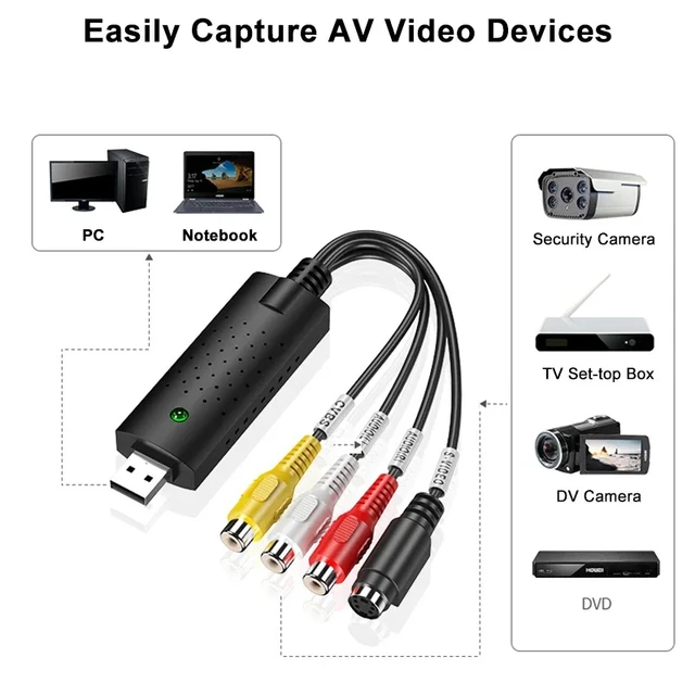 Convertisseur VHS vers DVD, USB 2.0, RCA, CVBS, AV, S-Vidéo, Audio, Caméra  de Sécurité, Boîtier