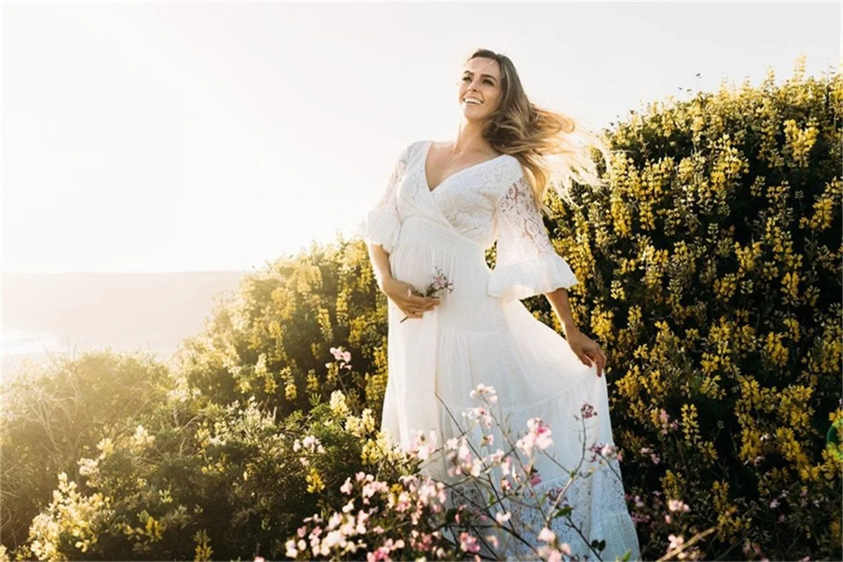 

Lace Chiffon Maternity Robes Full Sleeves Photoshoot Pregnant Bathrobe Evening Dress Photograph V Neck Party Prom Sleepwear