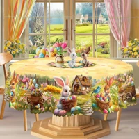 1 Easter Round Tablecloth, 5 Sizes Available, Spring Cute Rabbit Easter Egg Grass Map Pattern Printed Tablecloth, Edge Embossing Process, Spring Garden Tablecloth Decoration, Tablecloth for Daily Home Kitchen, Terrace, Easter Decoration, Spring Decoration 1