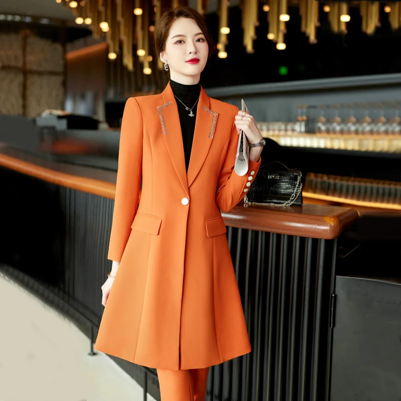 High Quality 2023 Autumn Winter Formal Ladies Lengthen Blazer Women  Business Suits Work Wear Office Uniform Pants Jacket Sets