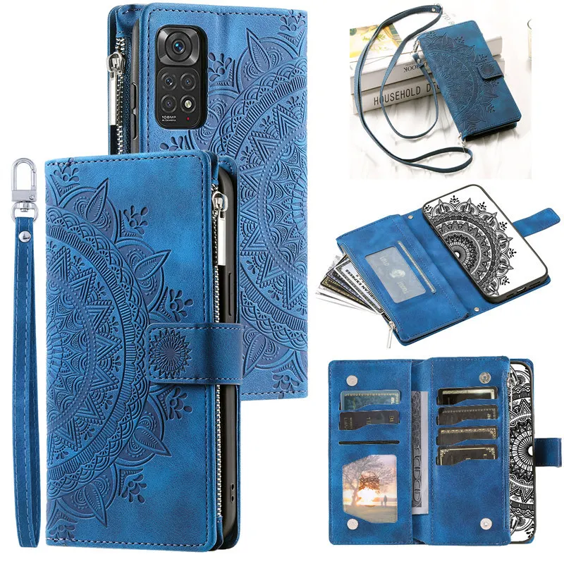Leather Flip Phone Case with Long Lanyard and Zipper Wallet Card Holder