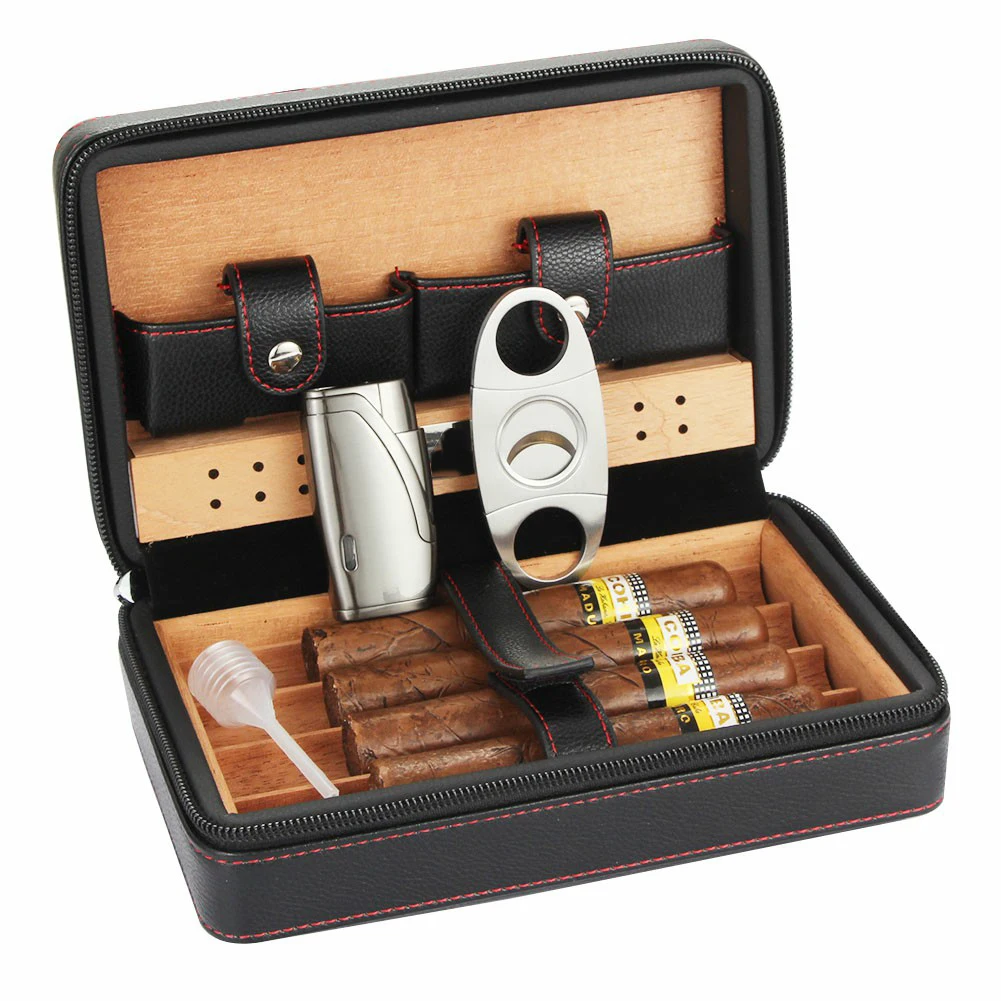 Cedar Wood Cigar Humidor Travel Leather Cigar Case W/wo Lighter Cutter  Humidifier Humidor Box For Cigar Accessories Set
