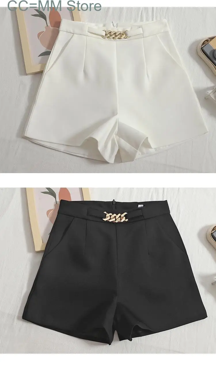 High Waisted Shorts Summer High Waisted Korean Fashion Chain Wide Leg Shorts Office Ladies Solid Casual Shorts