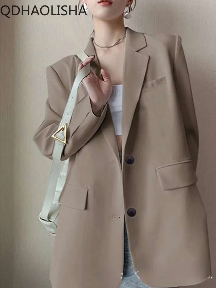 

Женский Однобортный блейзер с длинным рукавом, повседневный свободный однотонный пиджак с отложным воротником, весна 2023