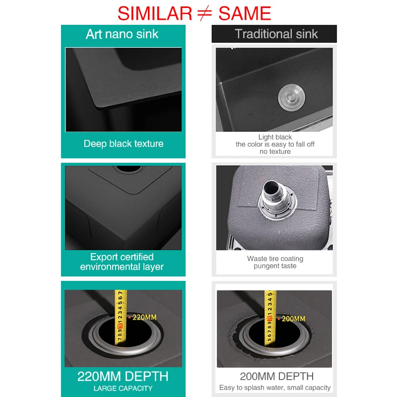 Kitchen Sink Nanometer Antibacterial Black 304 Stainless Steel Single Kitchen Sink Drain Basket And Drain Pipe