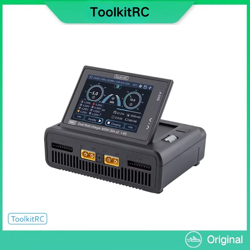 1600W 50A 1-8S LiPo Charger Dual Channel, ToolkitRC M8D Touchscreen 3.5" Flip Screen 65W PD, for RC LiHV LiFe Battery Model