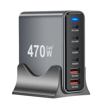Carregador de mesa GaN de 470 W e 6 portas - Carga rápida 4C2A USB-C PD para telefones, tablets e laptops