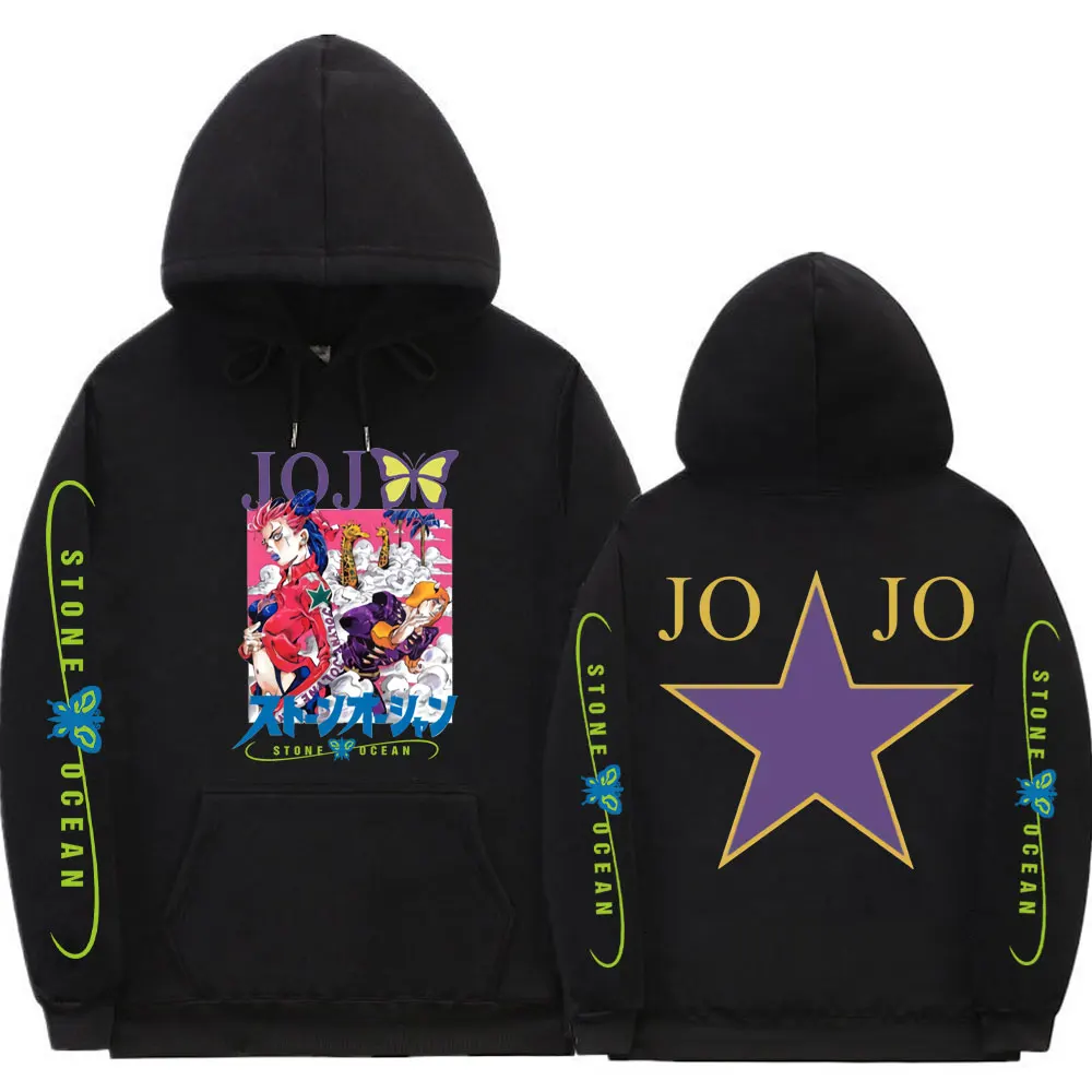 

New Fashion Anime Jojo Bizarre Adventure Men Women Manga Stone Ocean Graphic Hoodie Unisex Black Sweatshirt Harajuku Streetwear