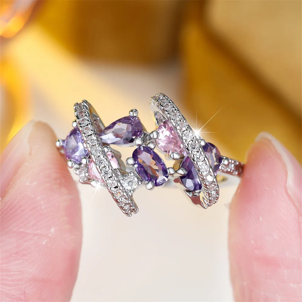 Purple Crystal Oval Stone Pink Zircon Rings For Women Vintage Silver Color Engagement Wedding Jewelry Bridal Valentine Gifts