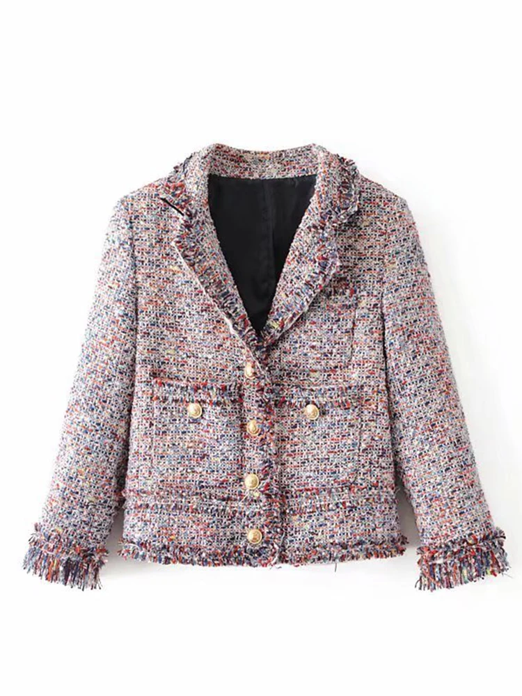 

DUOPERI Women Fashion With Tassel Pockets Texture Single Breasted Jackets Vintage V-Neck Long Sleeves Female Chic Lady Outfits