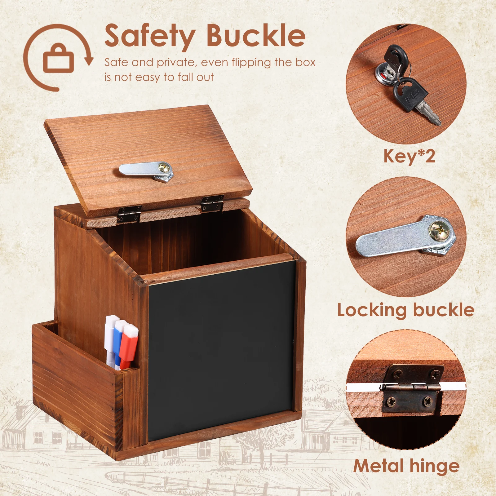 Wood Suggestion Box Wall-mounted Comment Box with Slot and 3 Erasable Pens Lockable Money Drop Box for Home Office Decoration