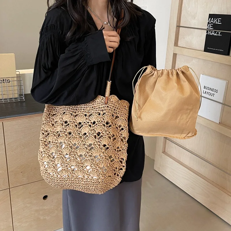 Luxury Design Straw Woven Tote Bags Summer Casual Large Capacity Handbags New Fashion Beach Women Shoulder Simple Style Shopping