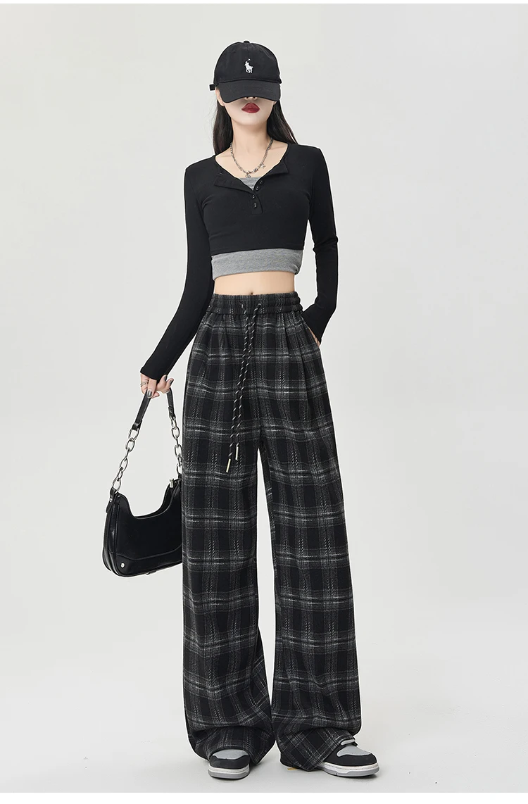 Winter Vintage Chic Kordelzug Lose Gerade Frauen Hosen Neue Plaid Kontrast Farbe Volle Länge Mode Weibliche Breite Bein Hosen – Detail 12
