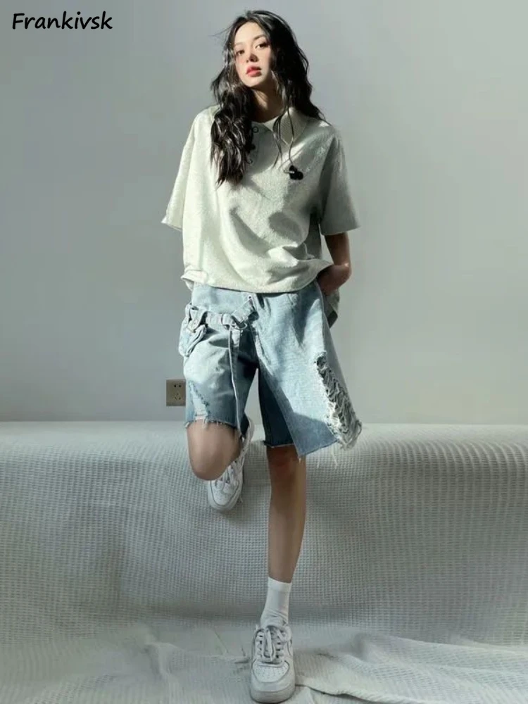 

Shorts Women Summer Korean Style Hole Daily Simple All-match Solid Youthful Pockets Youthful High Street Schoolgirls Fashion New