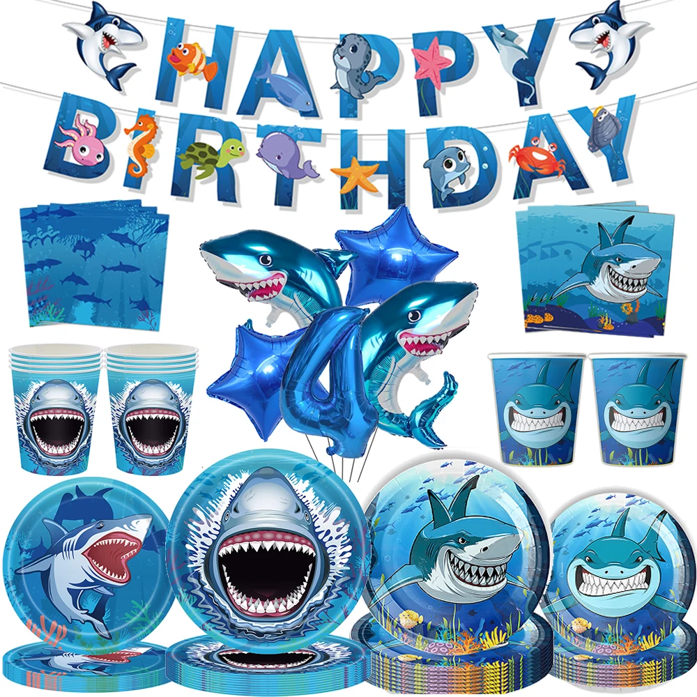Hai-Partyzubehör, Hai-Geburtstagsgeschirr, alles Gute zum Geburtstag, Banner, Ballon für Babyparty, Hai-Mottoparty, Gastgeschenk zum 4. Geburtstag