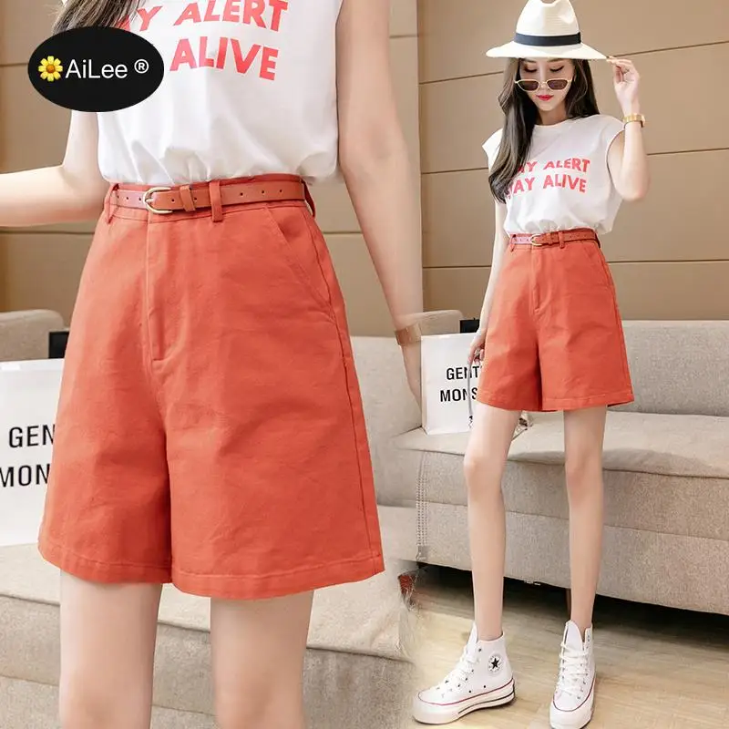 Belt High Waist Cotton Bermuda Shorts Knee Length  Summer Straight Casual Fashion Women Wide Leg Shorts Zipper Pockets Green