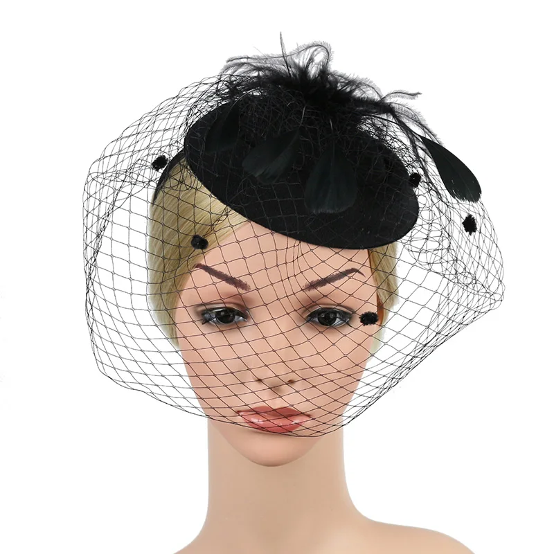 Women Chic Mesh Veil Fascinator Hat Cocktail Wedding Party Church Headpiece Fashion Headwear Feather Hair Accessories Bride women s soft dots tulle birdcage wedding veils for brides black short 1920s flapper fascinator mesh veil with comb voile