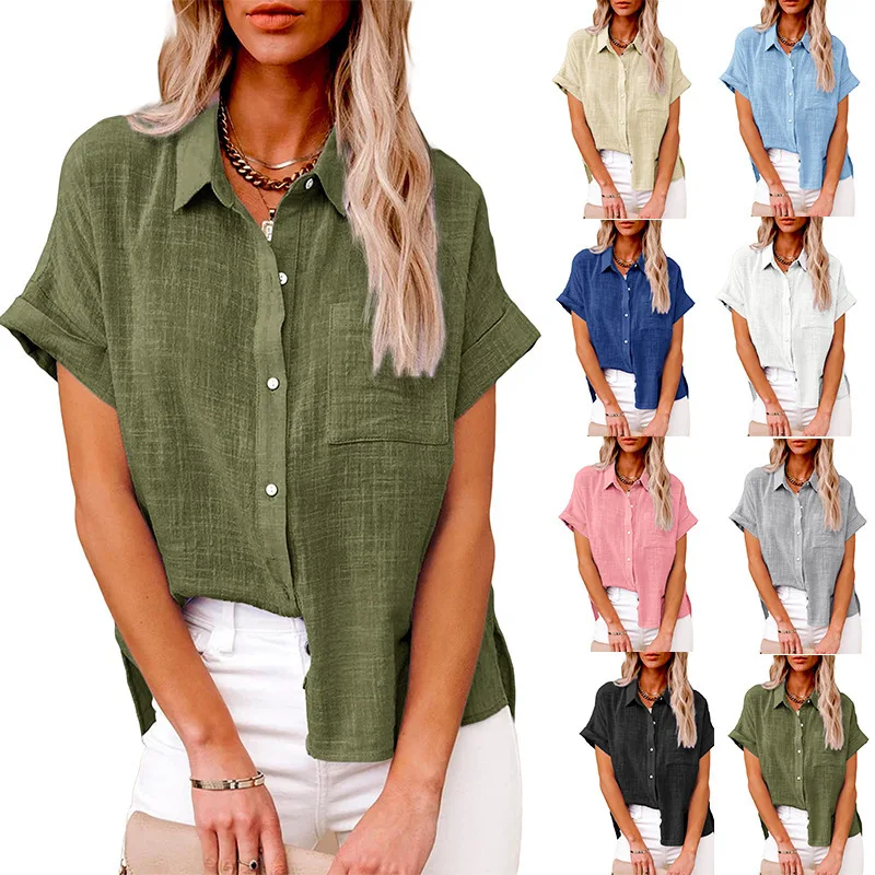 2023 European and American Spring/Summer New Popular Top Cotton and Hemp Pocket Short Sleeve Women's Shirt T-shirt