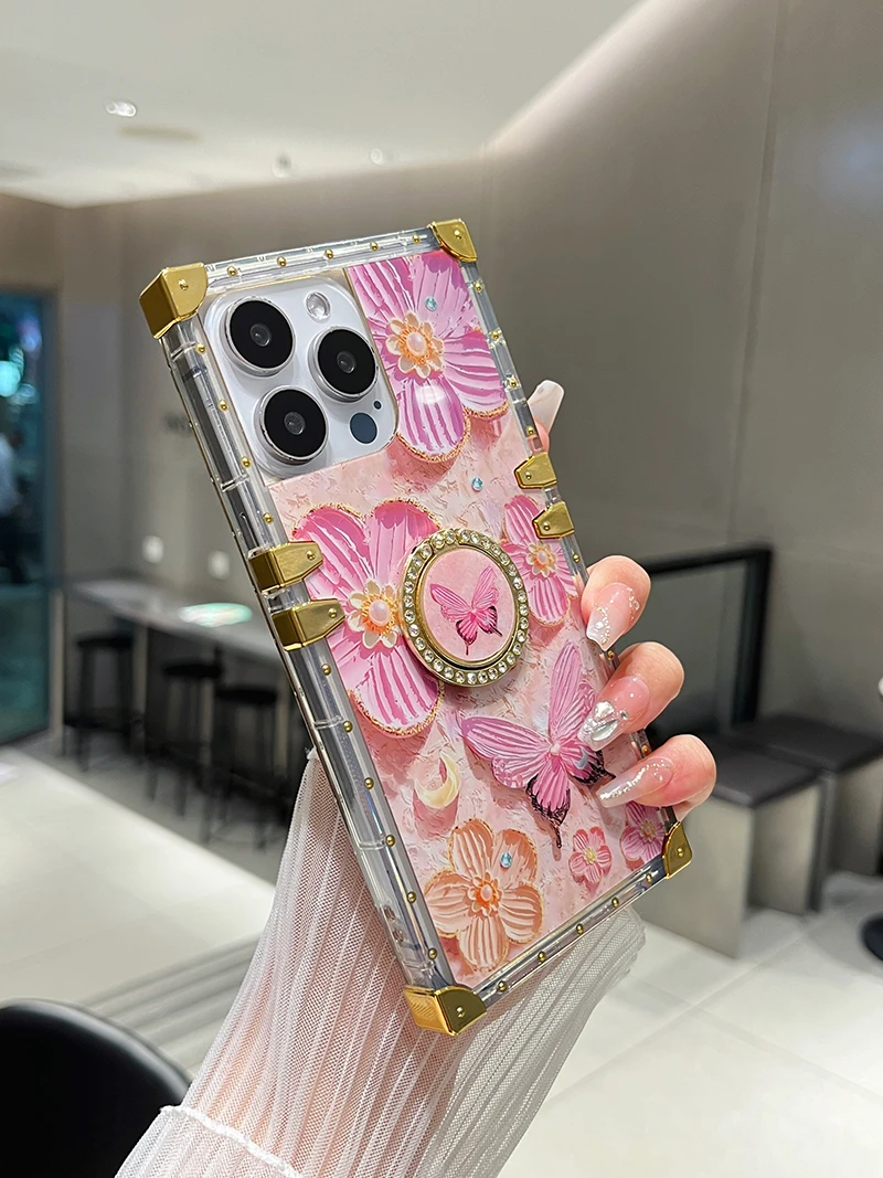 Funda con diseño de mariposas y flores pintadas al óleo en 3D para iPhone 15 Pro Max 14 13 12 11, funda protectora con soporte para anillo de dedo 14 Pro 13 Pro_voghion.com
