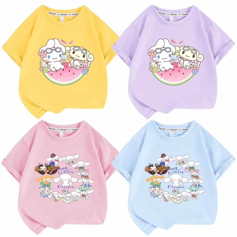 

Sanrios Anime Figure Cinnamoroll Children Tops Half Sleeves T-shirt Cartoon Sweet Cute Girls Summer Clothing Short Sleeve
