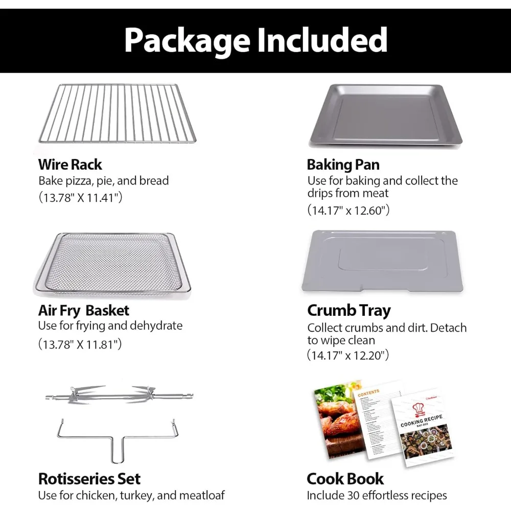 32QT Extra Large Air Fryer, 19-In-1 Air Fryer Toaster Oven Combo with Rotisserie and Dehydrator, 6 Accessories, 1800w, Black 6