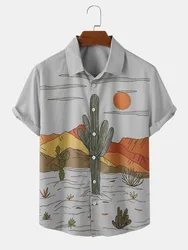 CharmkpR Men's Hot Sale Tops Cactus Desert Landscape Printing Blouse Casual Streetwear Button Up Short Sleeve Shirts S-2XL 2023