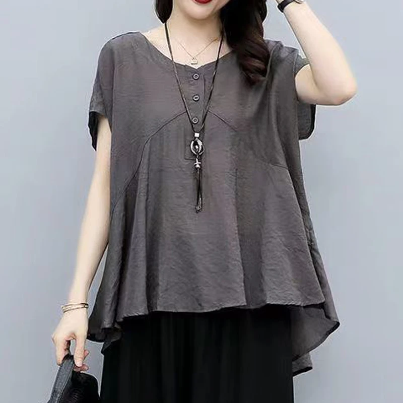 Women Clothing Ruffled Vintage Japanese Simple Casual Oversize Blouses Solid Short Sleeve Asymmetrical Shirts Female Street Tops