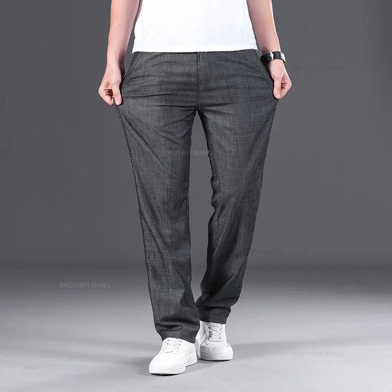 Summer Thin Men's Casual Straight Jeans Classic High Waist Ice Silk Drape Business Loose Denim Pants Black Blue Brand Trousers 5