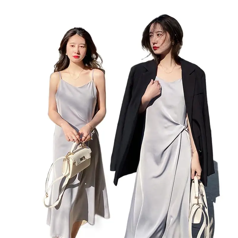 

Japanese Elegant Satin Spaghetti Strap Dress Women A-Line V-Neck Party Long Dress Female Casual Basic Bottom Dress 2024 Vestidos