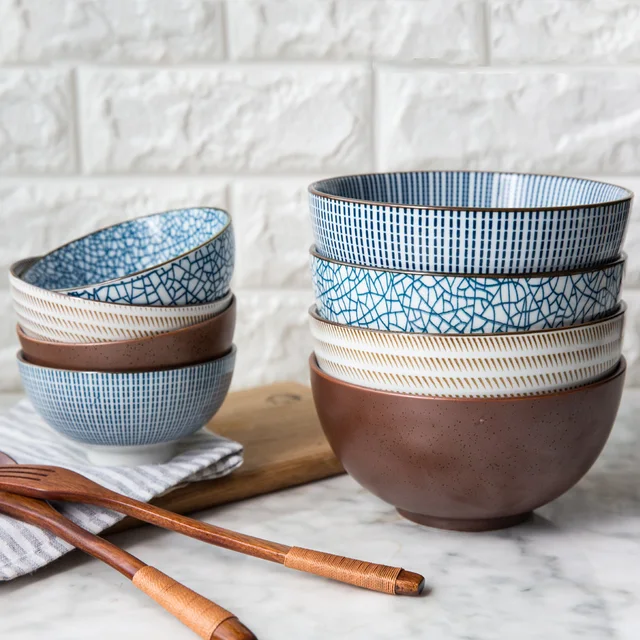 Ceramic Bowl Japanese Classical Tableware Kitchen Soup Noodle Porcelain Rice Bowl Big Ramen Bowls Spoon and Tea Cup E 1