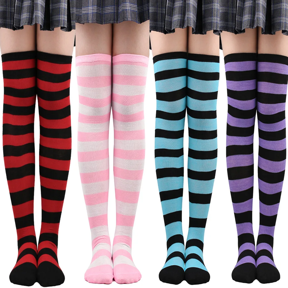 Breite gestreifte Strümpfe für Damen, über dem Knie, hohe lange Socken, Weihnachten, Halloween, Cosplay, Anime, Performance, Party, Geschenke, Socken, bunt