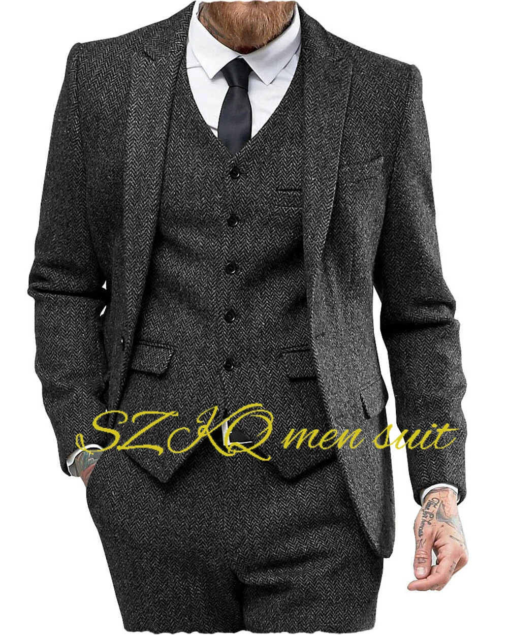 

Dark Gray Men's Business Suit 3-piece Formal Herringbone Jacket Pants Vest Wedding groom tuxedo