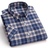 New Men's Social Shirt Short Sleeve 100% Pure Cotton Oxford Soft Buttoned Plaid Formal Male Clothes Pocket Social Shirt 6XL 7XL