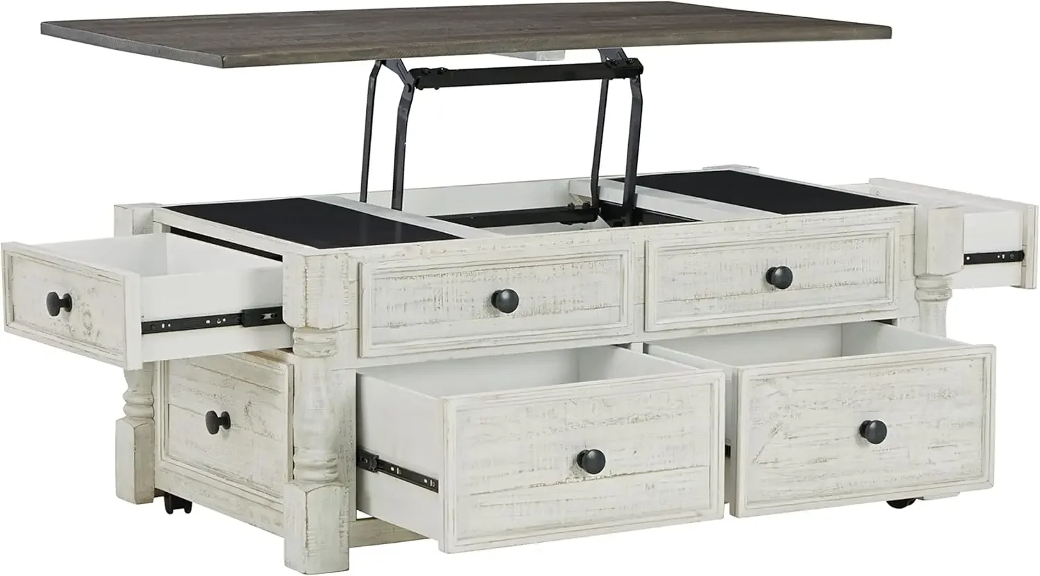 Havalance Farmhouse Lift Top Coffee Table with 4 Storage Drawers and Small Storage Tray, Whitewash