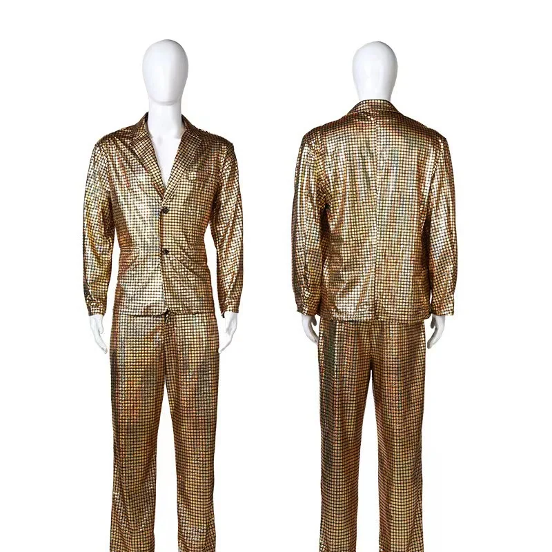 Men's Halloween Rainbow Grid Gold Silver Hot Stamping Stage Nightclub Cool Performance Shiny Suit Jacket + pants 2-piece Set