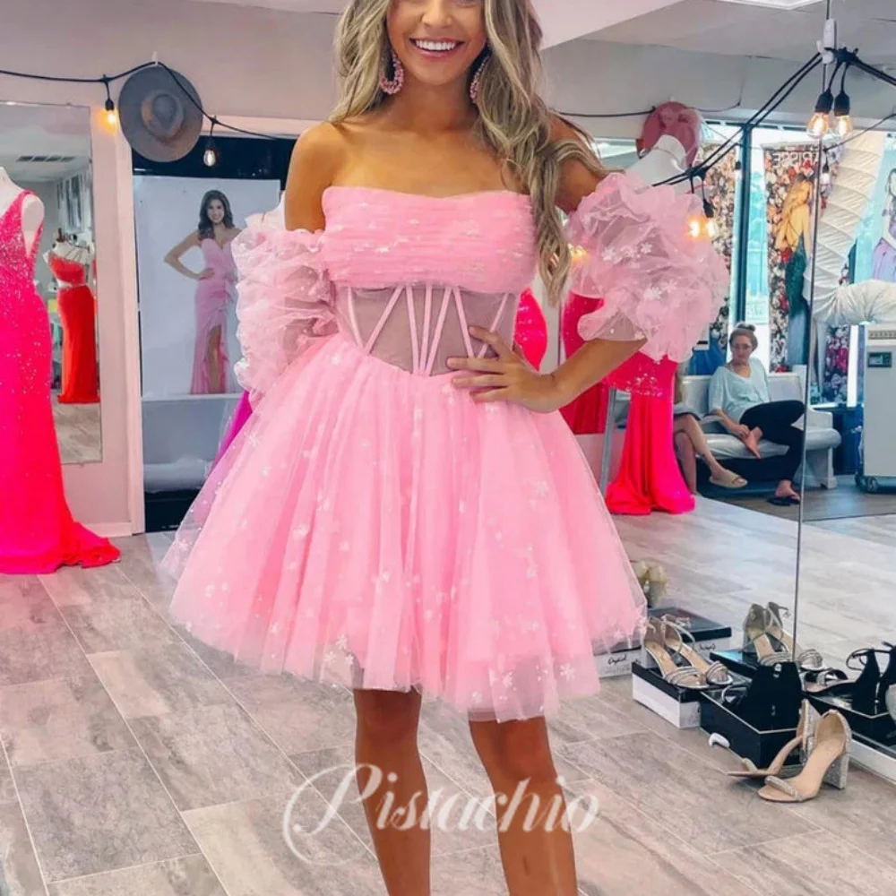 

Romantic Party Dress For Women Strapless Lace Up Sleevless Evening Gowns Mini Illusional Tulle Prom Dresses فساتين سهرة