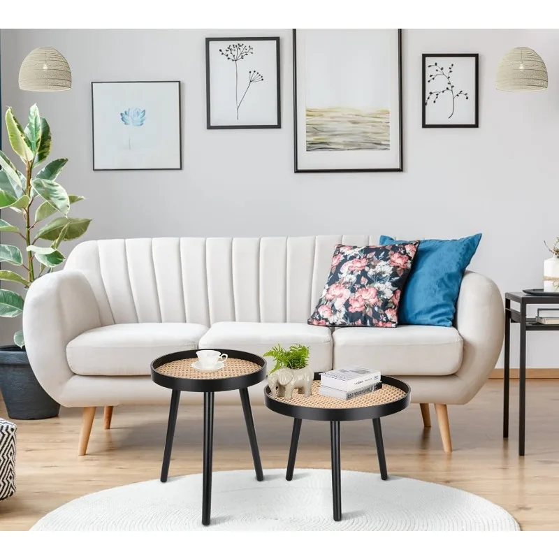 Rattan Round Side Table, Black Small End Table, Accent Table, Modern Boho Bedside, Mid-Century Patio Side 4