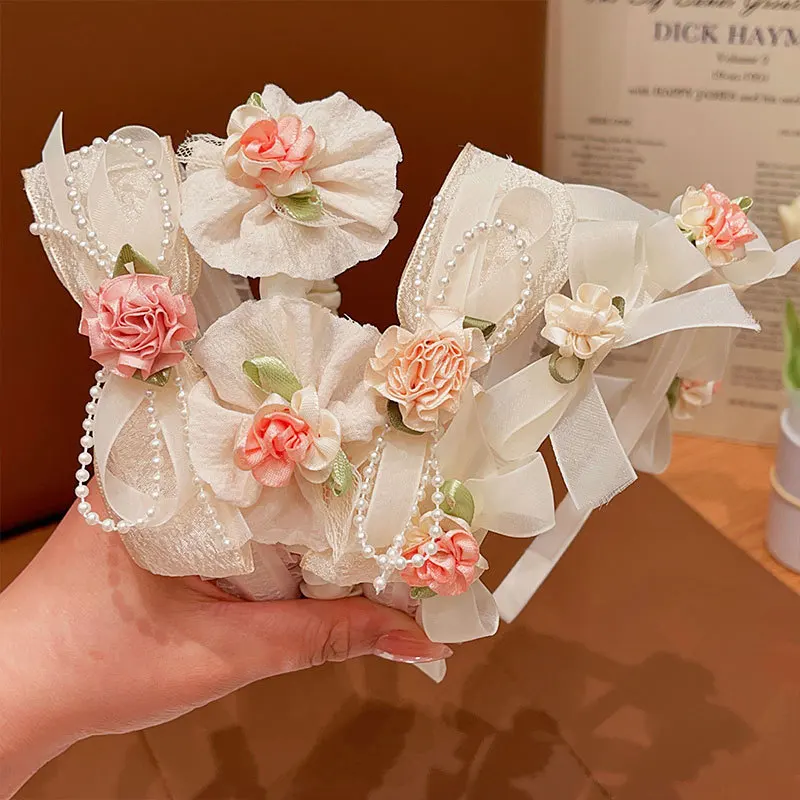 

Детская повязка на голову в стиле "Лолита", кружевные обручи для волос с бусинами и цветами, детский головной убор, цветочные аксессуары для волос для малышей